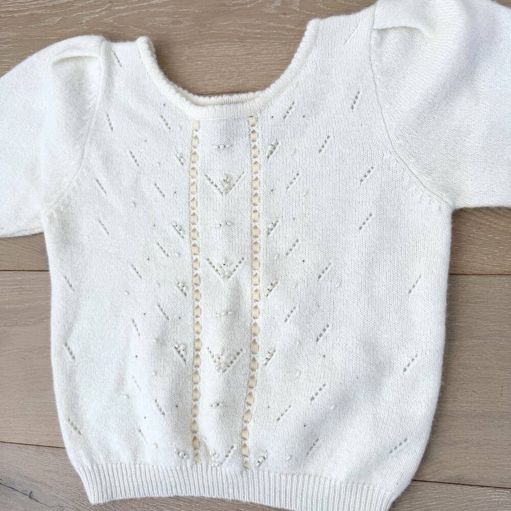 Vintage Women Angora Blend Ivory Puff Sleeve Sweater With Pearl Ribbon Detail M
